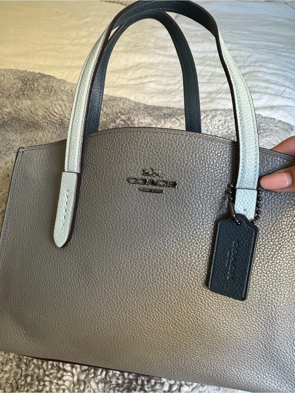 COACH Pebbled Leather Satchel in Taupe with White & Black Handles